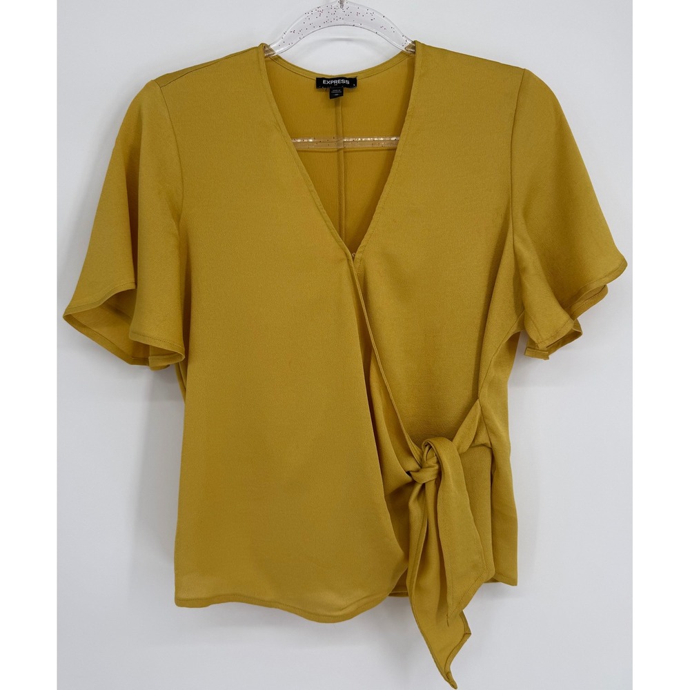 Express Mustard Yellow Short Flutter Sleeve Wrap Tie Blouse V-Neck Size M